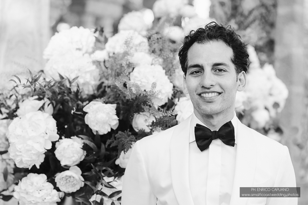 black and white portrait of the groom