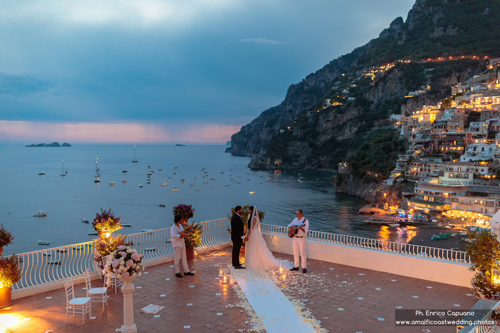 Romantic wedding ceremony at sunset